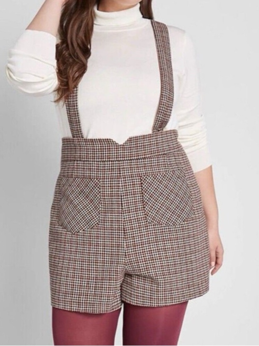 ModCloth Head of the Class Brown Houndstooth High Waisted Pinafore Shorts 8 READ